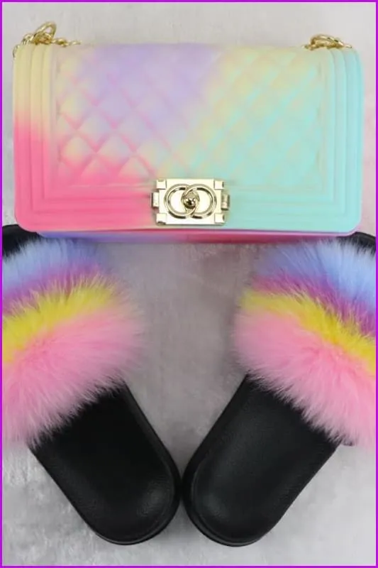 Pink Yellow Purple Blue Fur Slides & Bag Set F727 B10