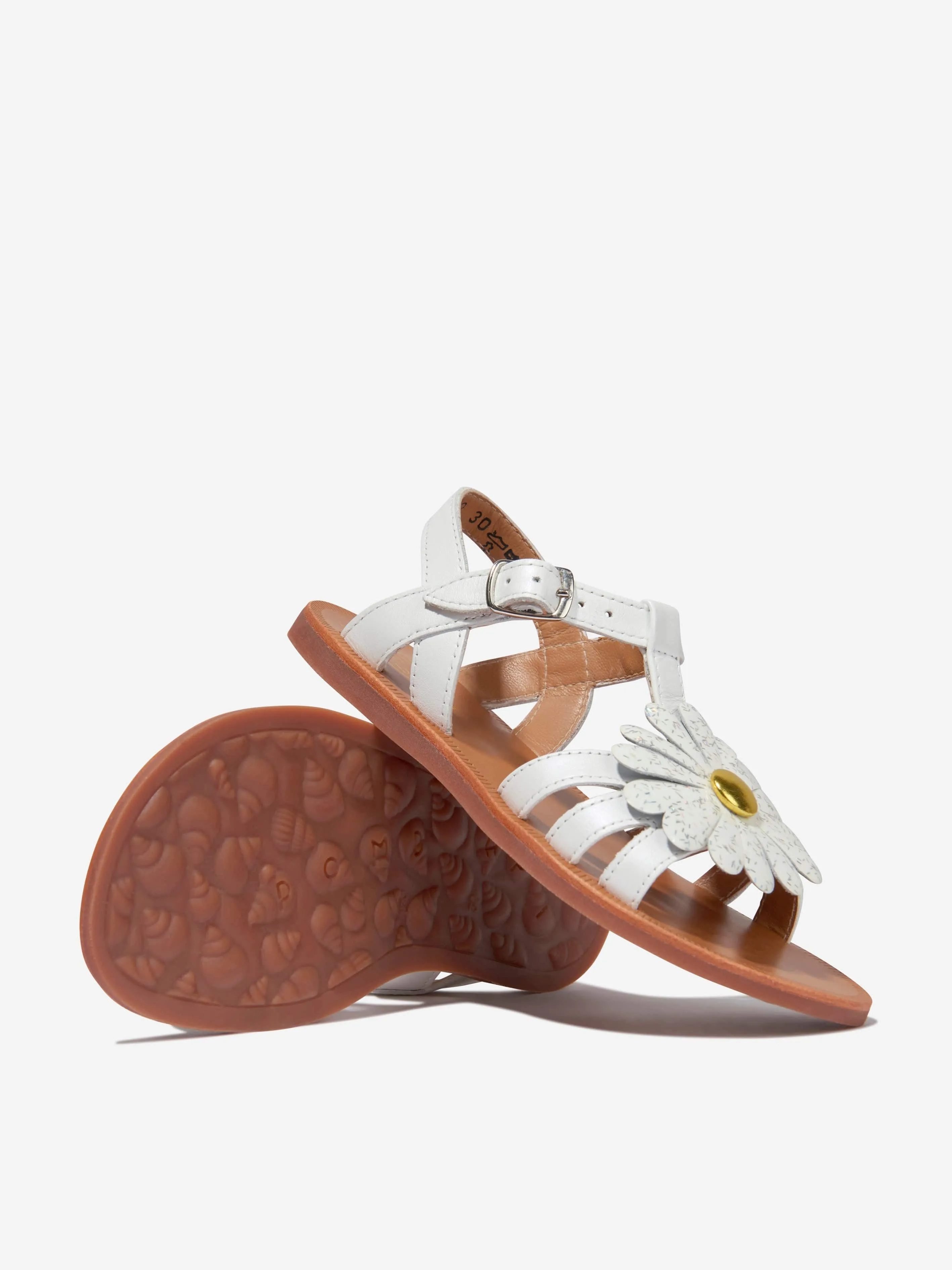 Pom D'Api Girls Leather Plagette Big Flower Sandals in White