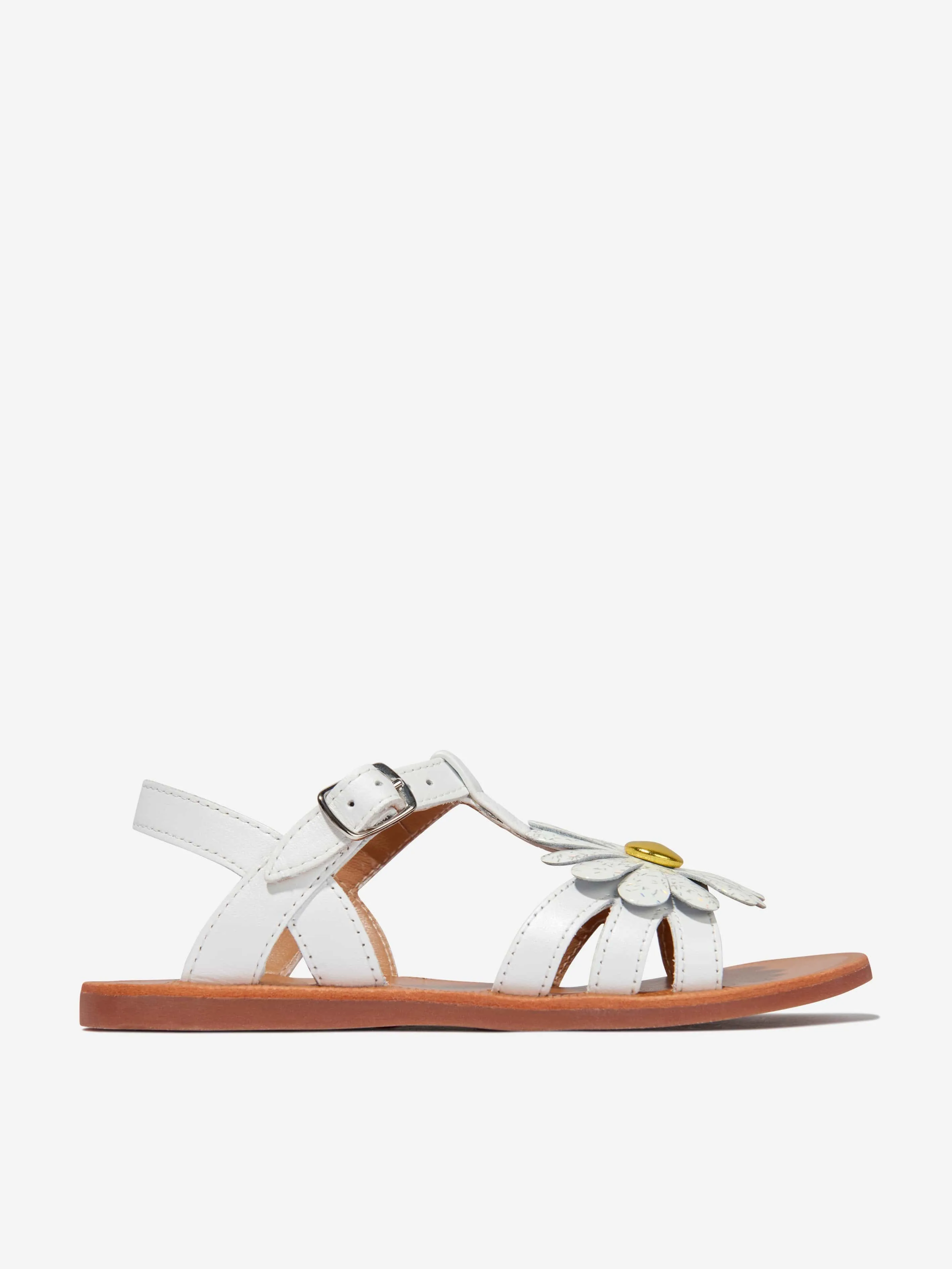 Pom D'Api Girls Leather Plagette Big Flower Sandals in White