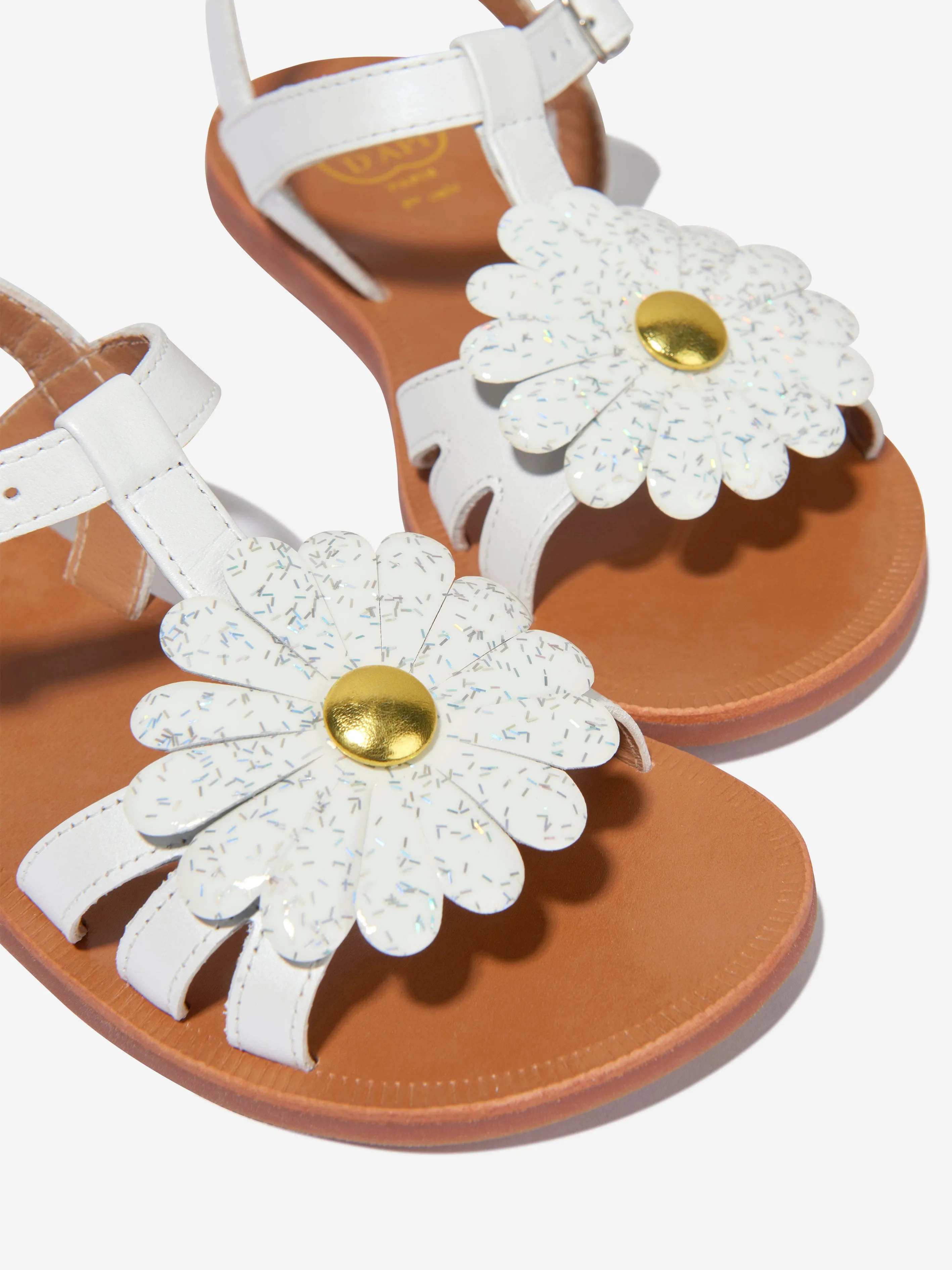 Pom D'Api Girls Leather Plagette Big Flower Sandals in White