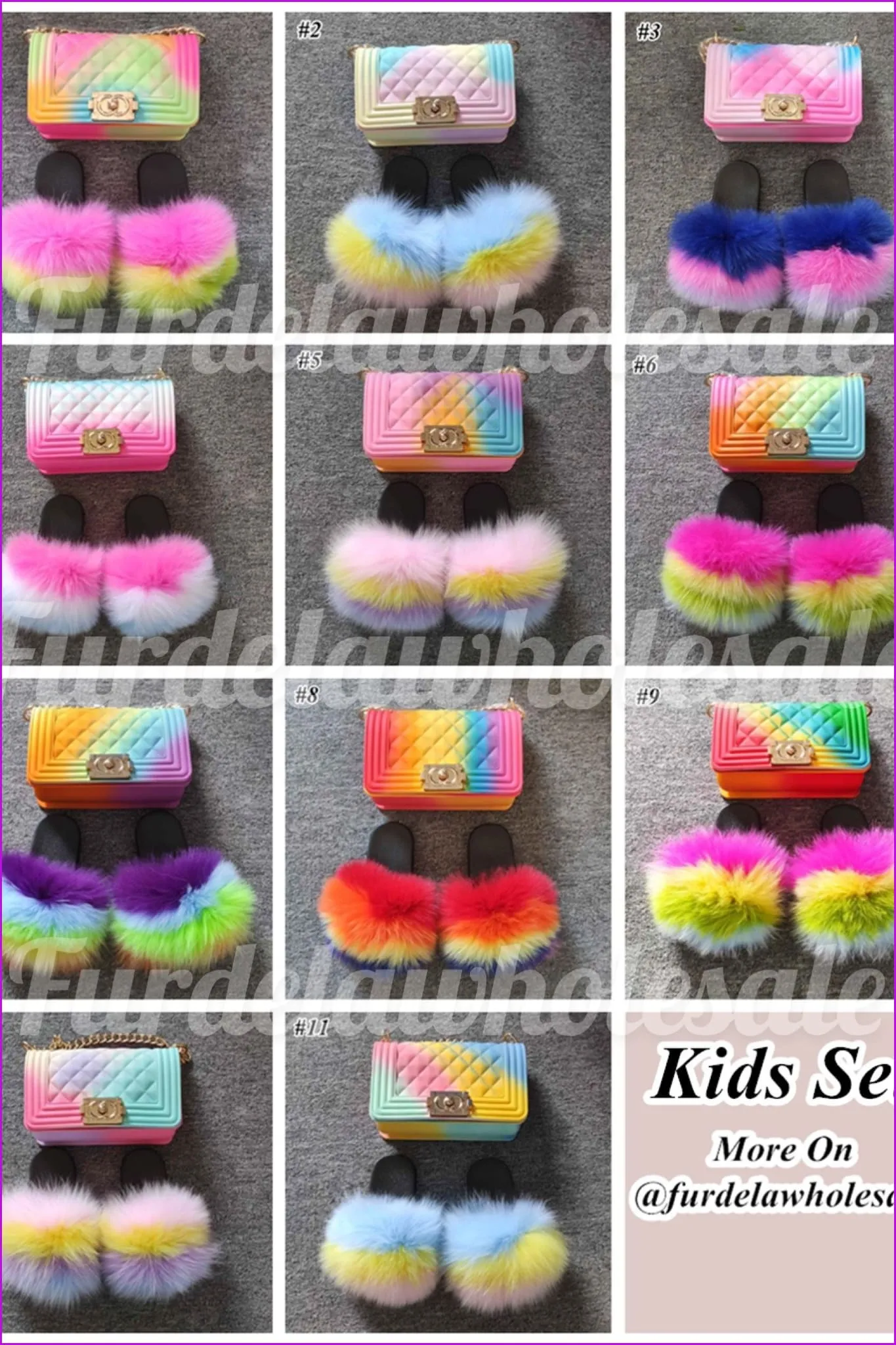 Purple Blue Green Yellow Orange Kids Fluffy Slides & Purse Set #7 F873