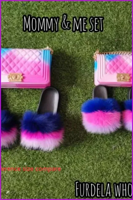 Purple Blue Green Yellow Orange Kids Fluffy Slides & Purse Set #7 F873