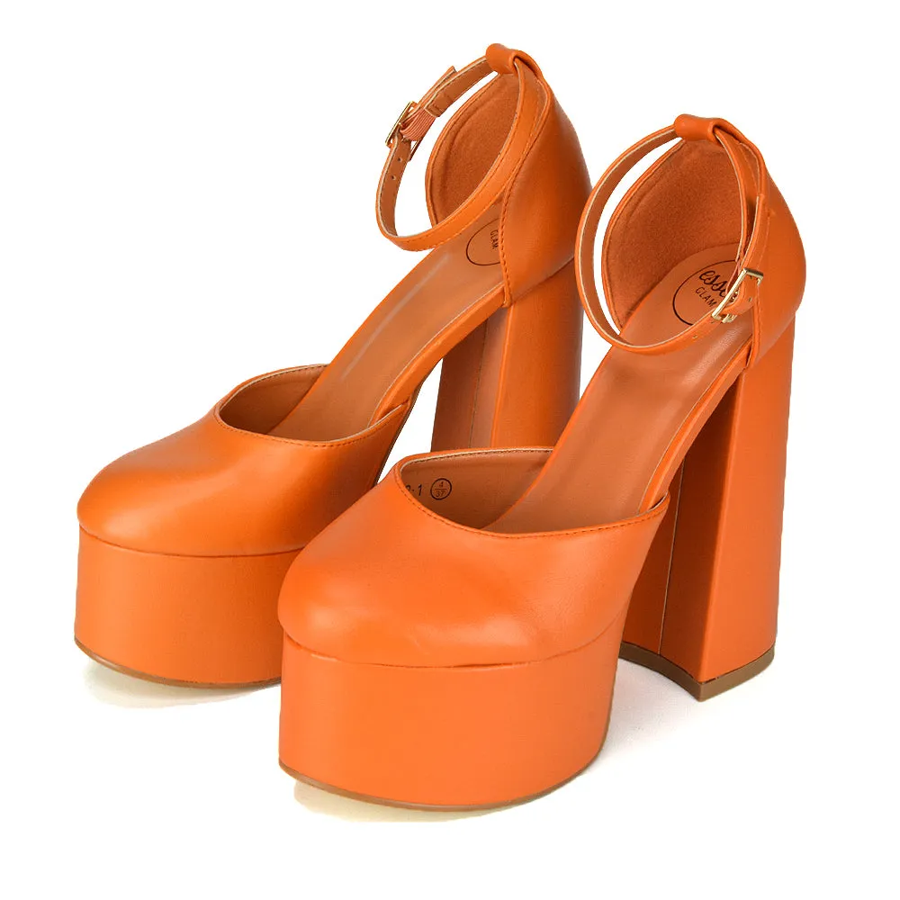 Rae Super High Chunky Platform Heels In Orange Synthetic Leather