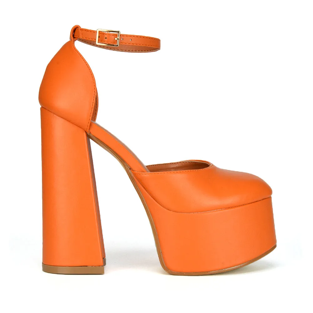 Rae Super High Chunky Platform Heels In Orange Synthetic Leather