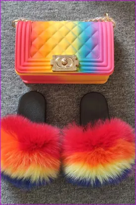 Rainbow Color Kids Fluffy Slides & Purse Set #8 F873