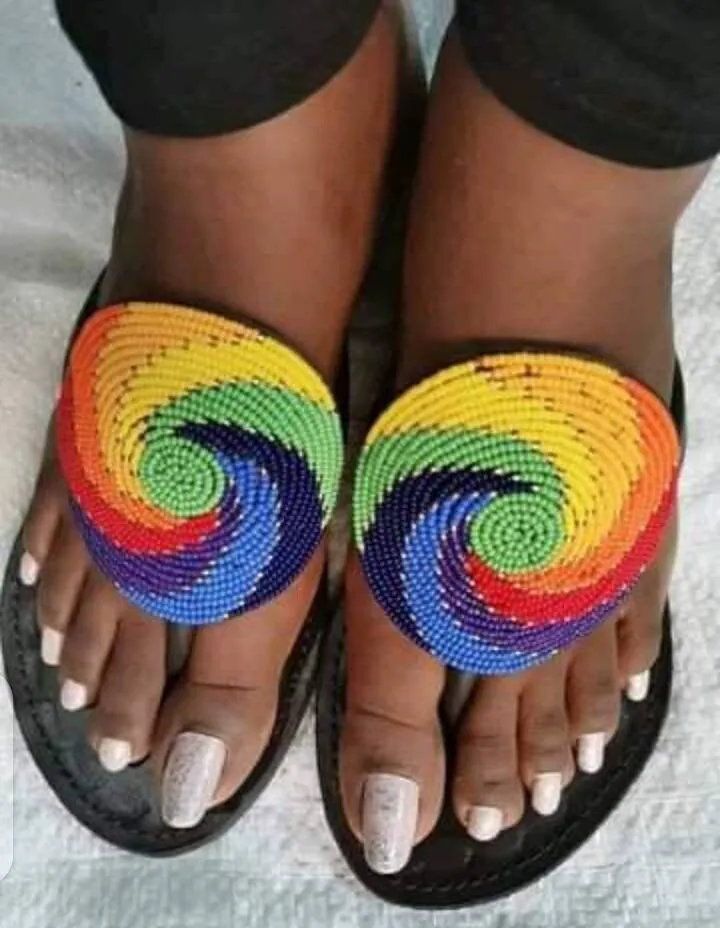 Round rainbow colors handmade leather slip on slippers masai/maasai/masaai beaded sandals with free shipping