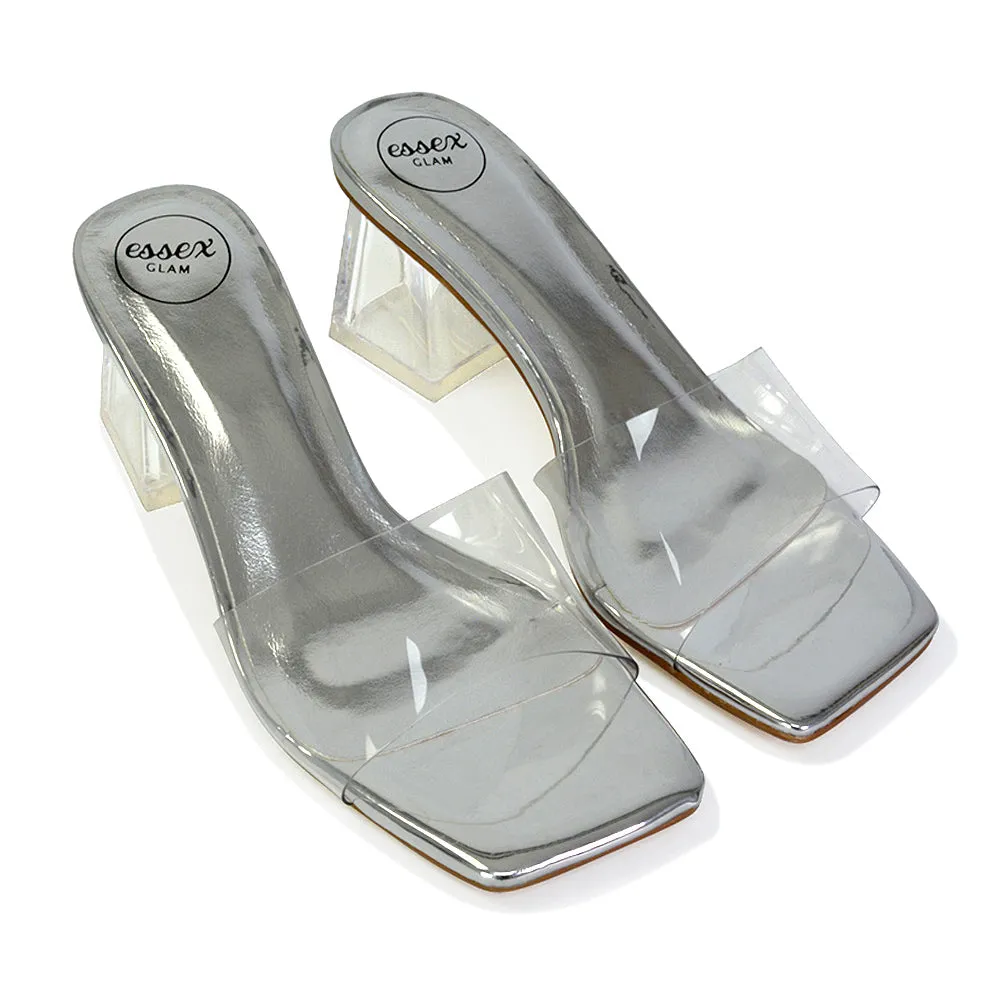 Strawberry Perspex Strappy Square Toe Clear Block Heel Mules in Silver