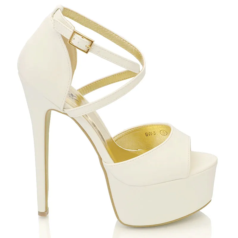 Suzanna Cross Over Strappy Platform Stiletto Peep Toe Super High Heels Sandals in White Synthetic Leather