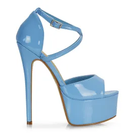 Suzanna Strappy Platform Stiletto Peep Toe High Heels Sandals in Ocean Blue Patent