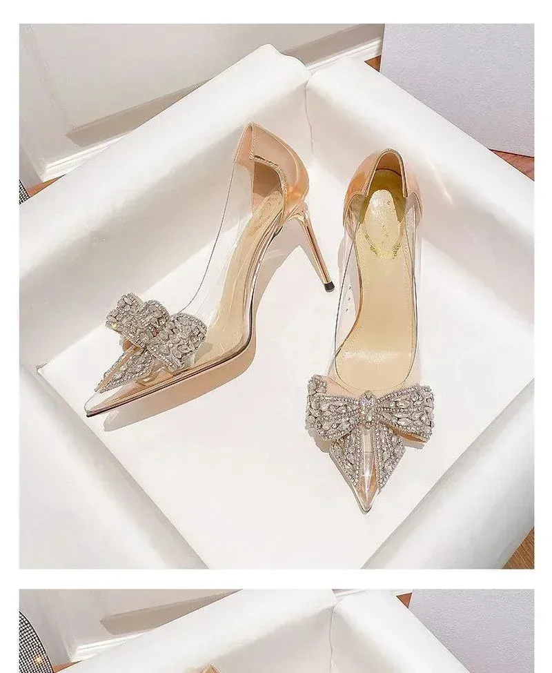 Transparent Rhinestone Butterfly-knot Pointed Toe Wedding High Heel High Heel