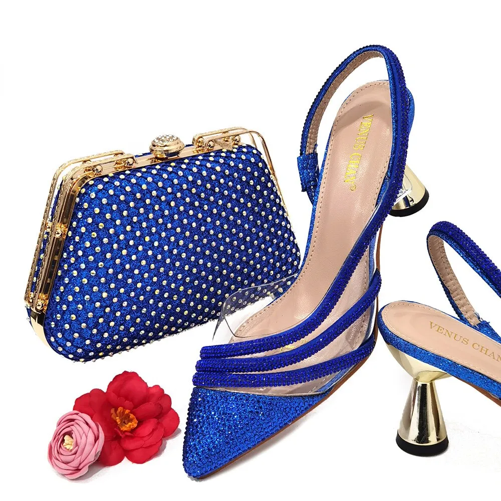 Venus Chan 2023 Italian Design African Ladies Party Shoes and Bag Nigerian Fashion Lace Mini Bags and Mid Heel Pointed Shoes