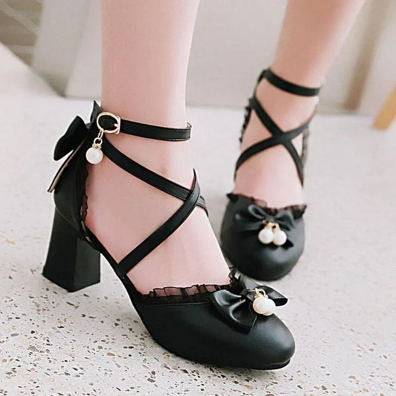 Women bowknot round toe criss cross strap chunky heels