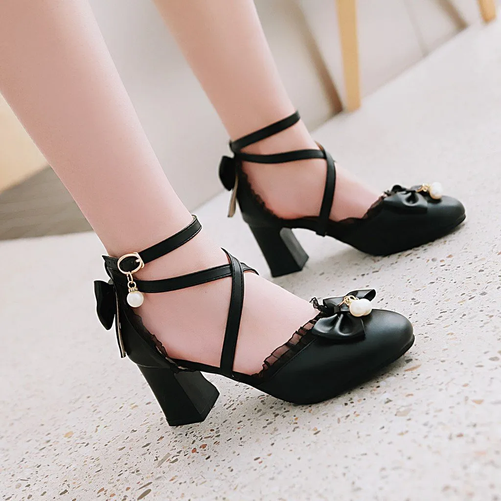 Women bowknot round toe criss cross strap chunky heels