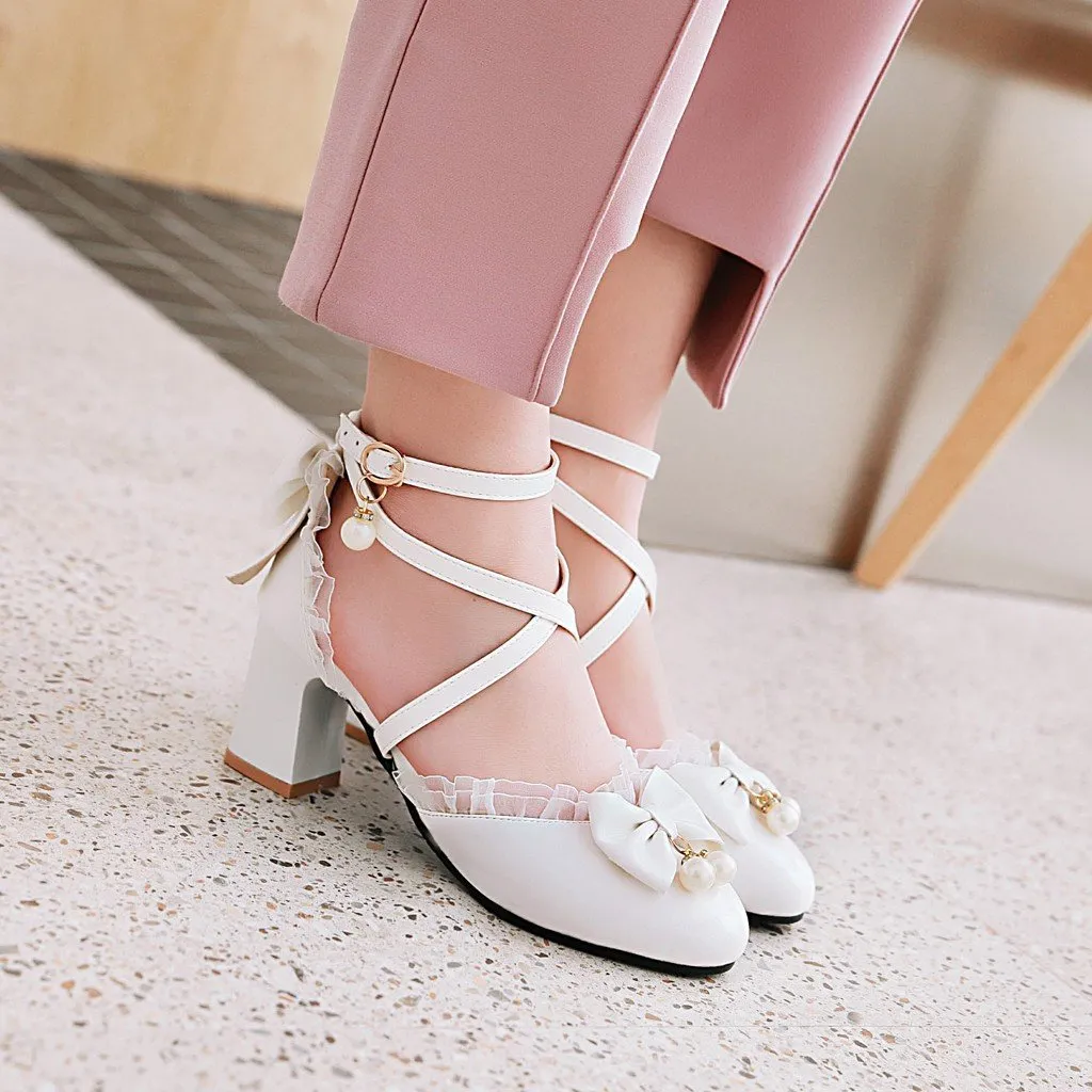 Women bowknot round toe criss cross strap chunky heels