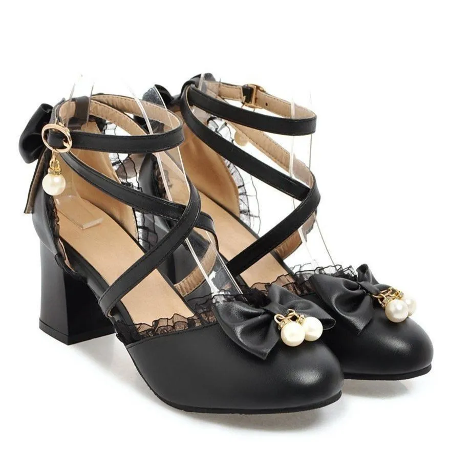 Women bowknot round toe criss cross strap chunky heels