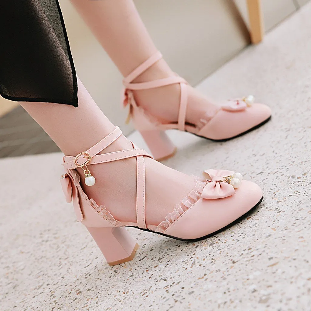 Women bowknot round toe criss cross strap chunky heels