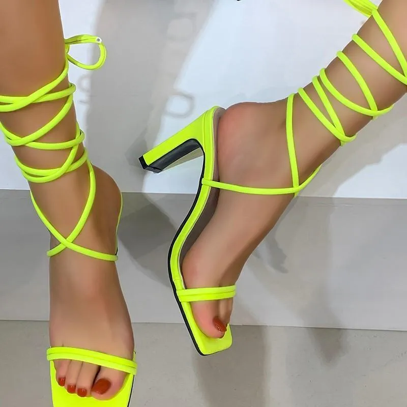 Women neon square peep toe strappy lace up chunky heels