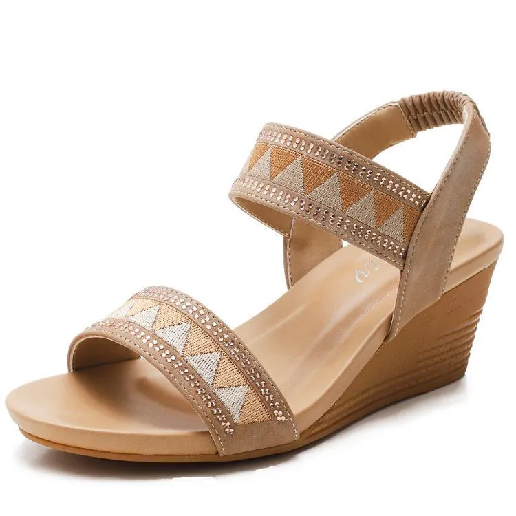 Women peep toe ankle strap boho wedge sandals