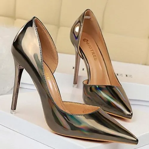 Women pointed toe metal mirror prom sexy side cut stiletto heels