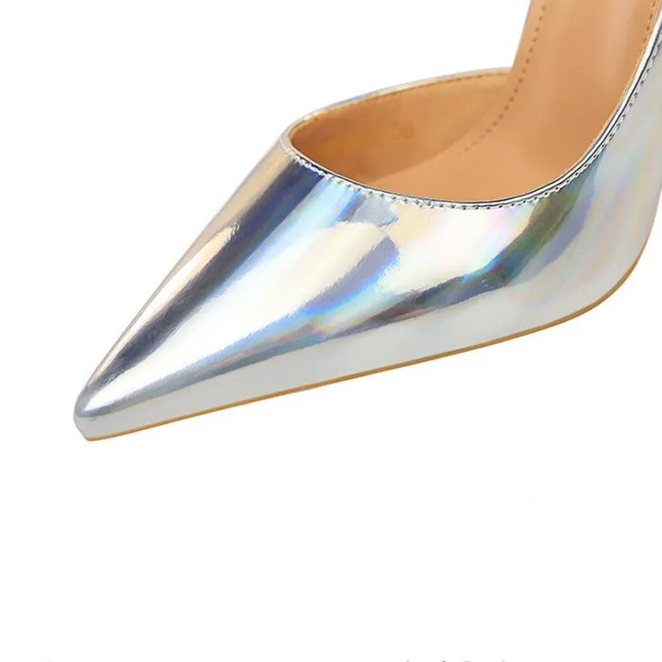 Women pointed toe metal mirror prom sexy side cut stiletto heels