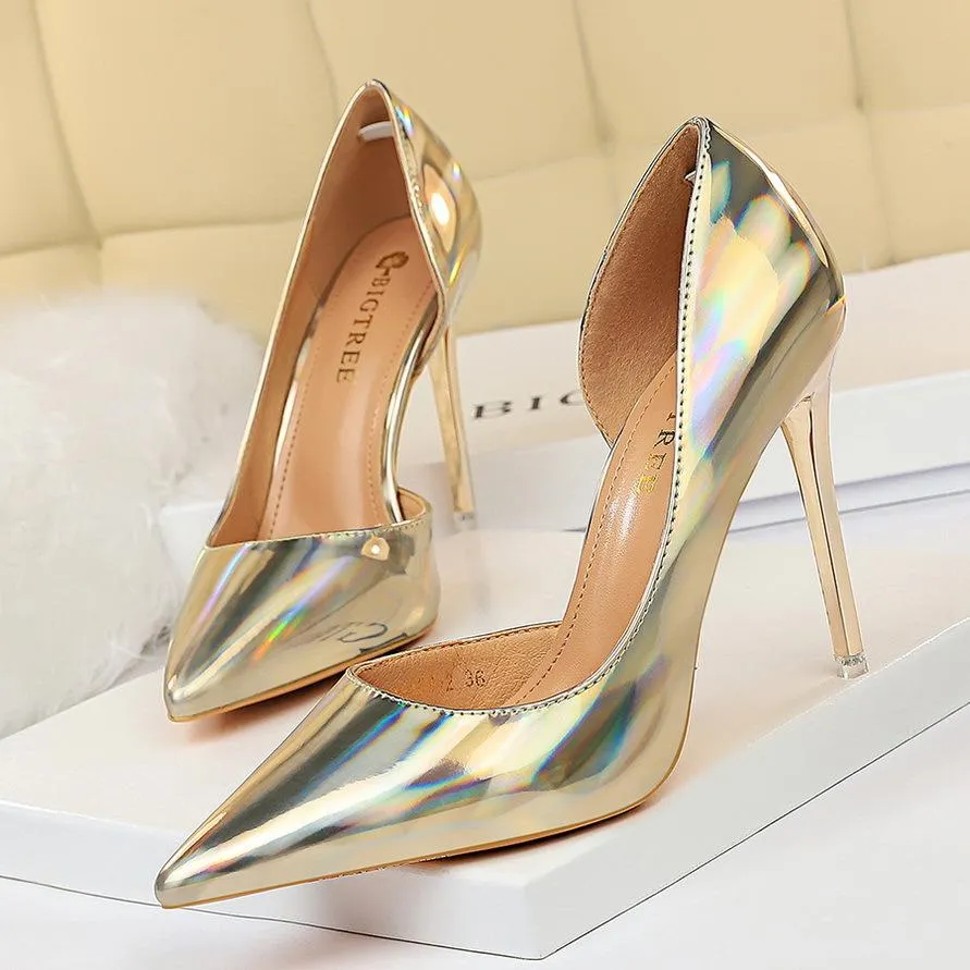 Women pointed toe metal mirror prom sexy side cut stiletto heels