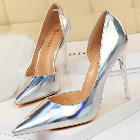 Women pointed toe metal mirror prom sexy side cut stiletto heels