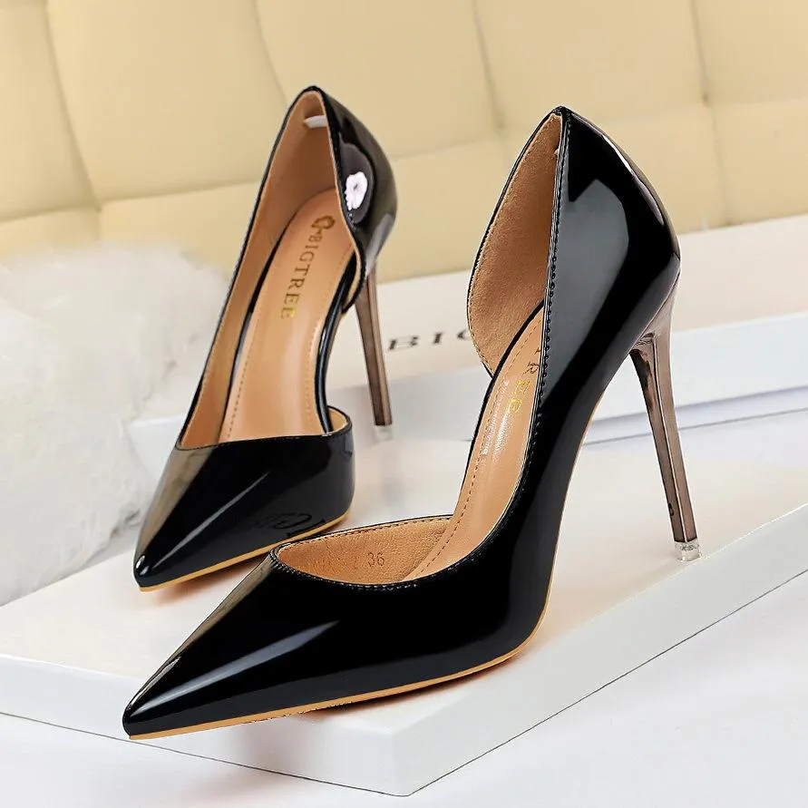 Women pointed toe metal mirror prom sexy side cut stiletto heels