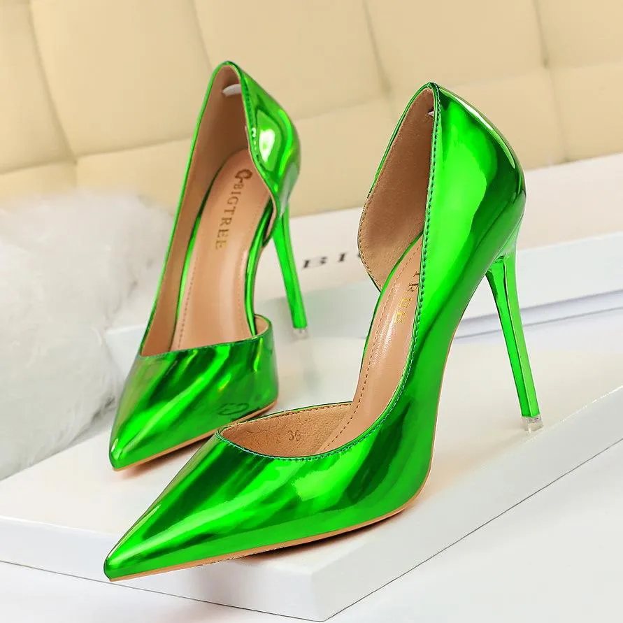 Women pointed toe metal mirror prom sexy side cut stiletto heels