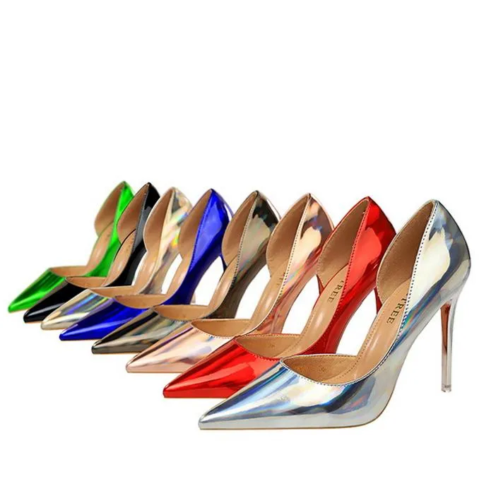 Women pointed toe metal mirror prom sexy side cut stiletto heels