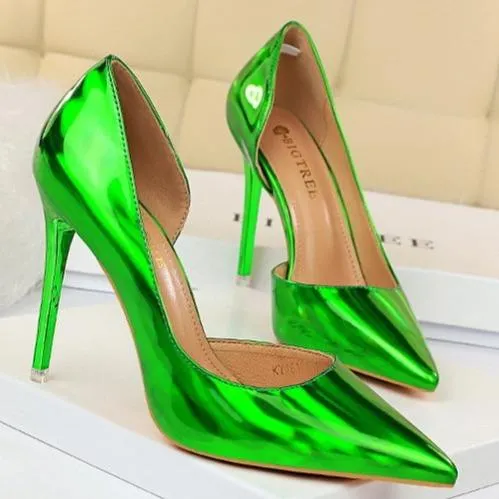 Women pointed toe metal mirror prom sexy side cut stiletto heels