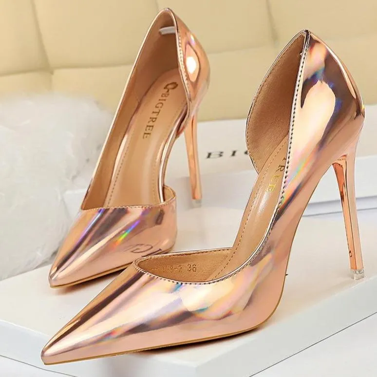 Women pointed toe metal mirror prom sexy side cut stiletto heels