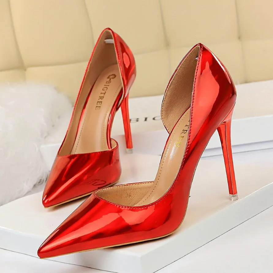 Women pointed toe metal mirror prom sexy side cut stiletto heels