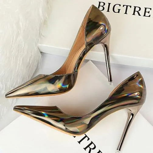 Women pointed toe metal mirror prom sexy side cut stiletto heels