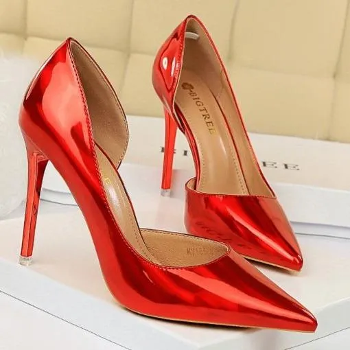 Women pointed toe metal mirror prom sexy side cut stiletto heels