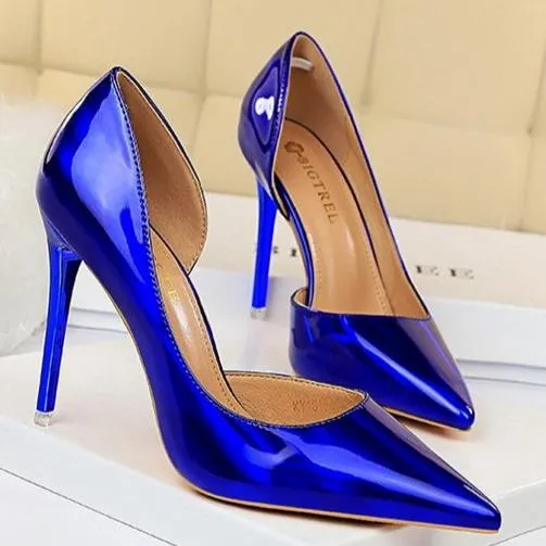 Women pointed toe metal mirror prom sexy side cut stiletto heels