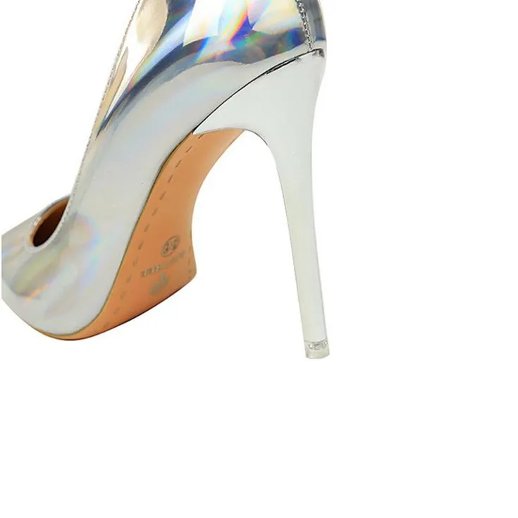 Women pointed toe metal mirror prom sexy side cut stiletto heels