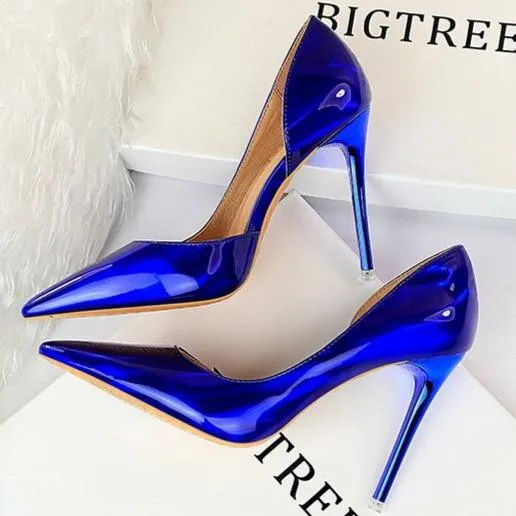 Women pointed toe metal mirror prom sexy side cut stiletto heels