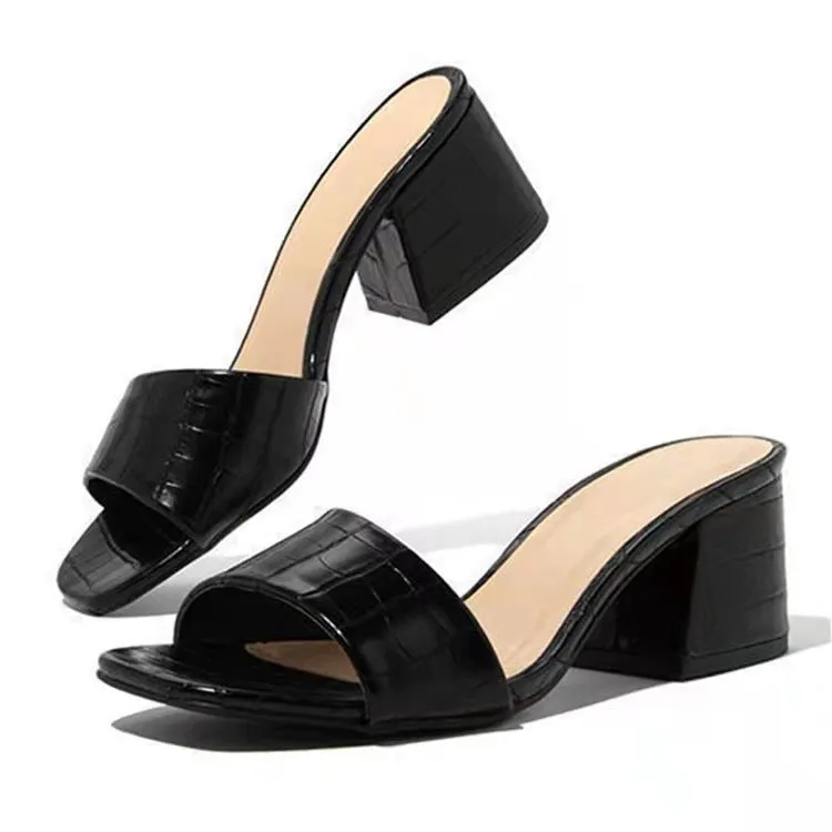 Women square peep toe summer slide block heels