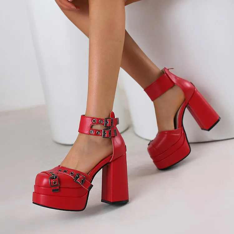 Women's Buckles Back Zippers Chunky Heel Platform Sandals