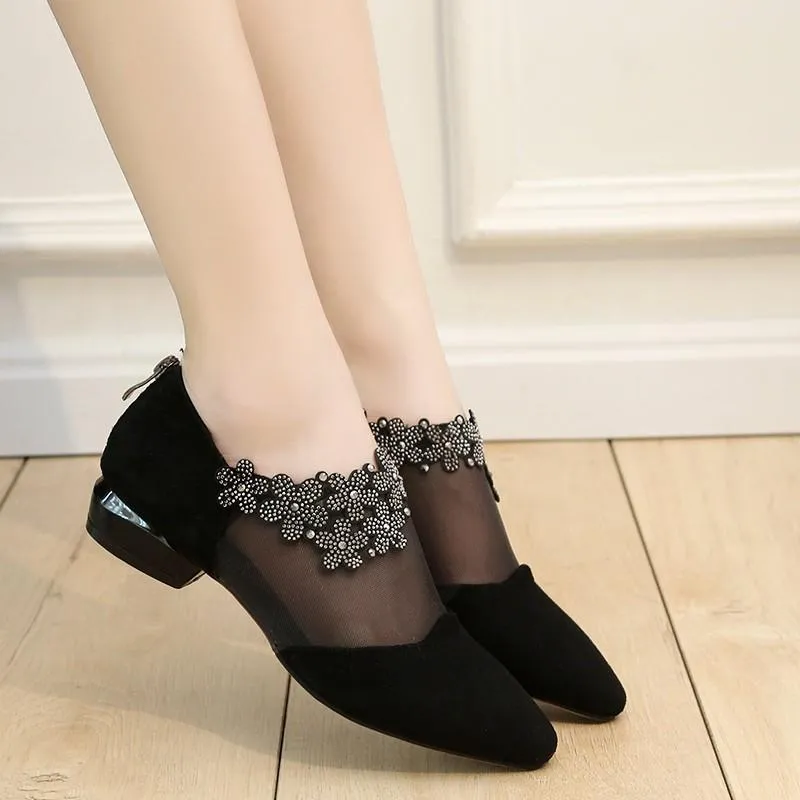 Women's crystal flower black lace mesh low heel sandals for wedding