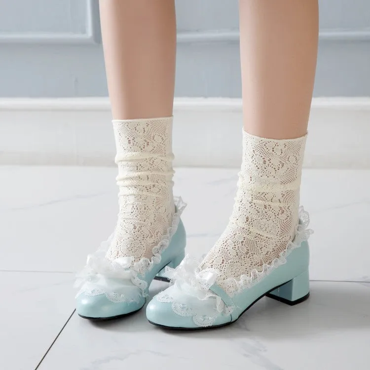 Women's Lolita Lace Bowties Knot Shallow Block Heel Pumps