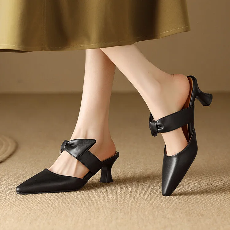 Women's Pointed Toe Shallow Bow Tie Spool Heel Slides Slip On Sandals