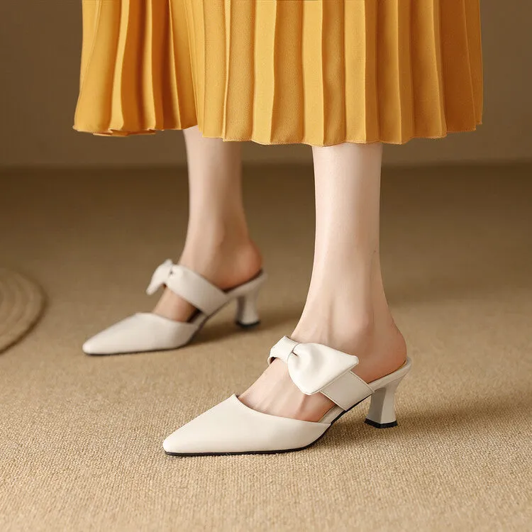 Women's Pointed Toe Shallow Bow Tie Spool Heel Slides Slip On Sandals