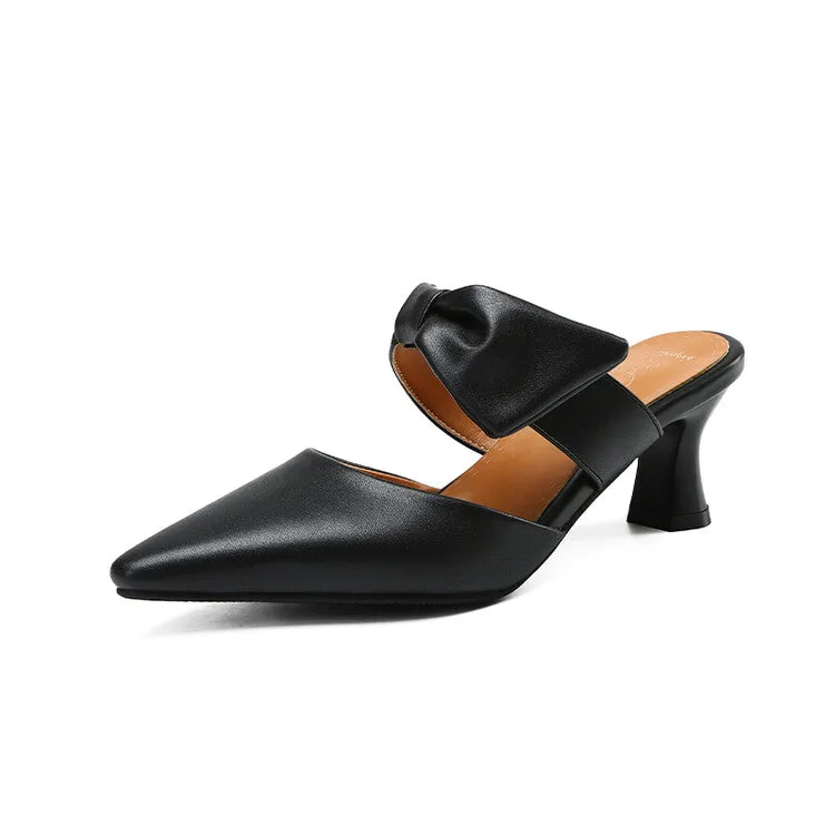 Women's Pointed Toe Shallow Bow Tie Spool Heel Slides Slip On Sandals