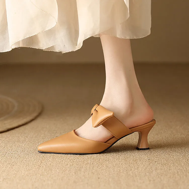 Women's Pointed Toe Shallow Bow Tie Spool Heel Slides Slip On Sandals