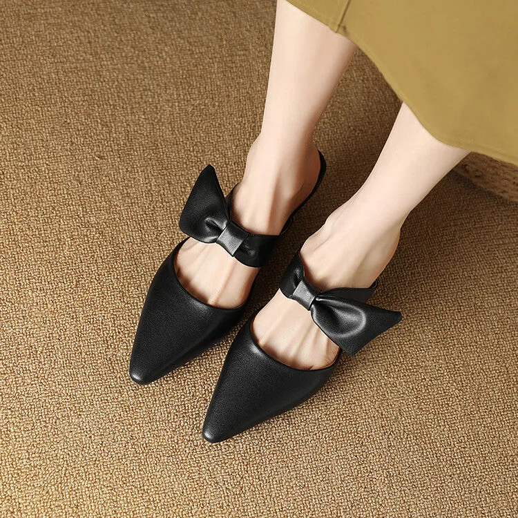 Women's Pointed Toe Shallow Bow Tie Spool Heel Slides Slip On Sandals