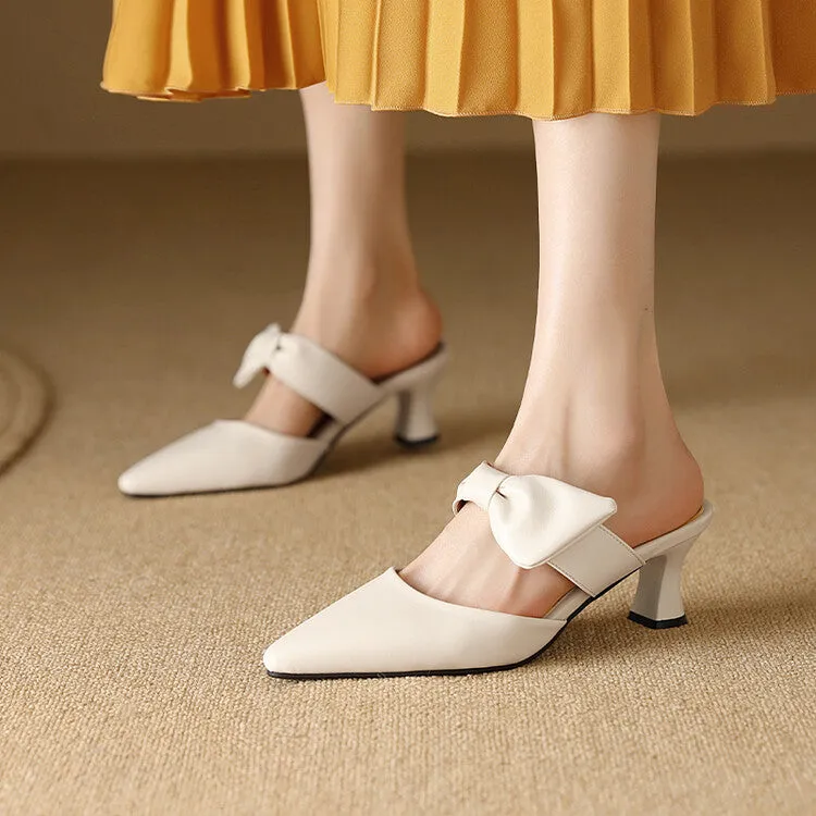 Women's Pointed Toe Shallow Bow Tie Spool Heel Slides Slip On Sandals