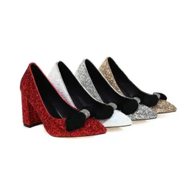 Women's Pumps Bling Bling Sequins Pointed Toe Butterfly Knot Chunky Heel Wedding Shoes