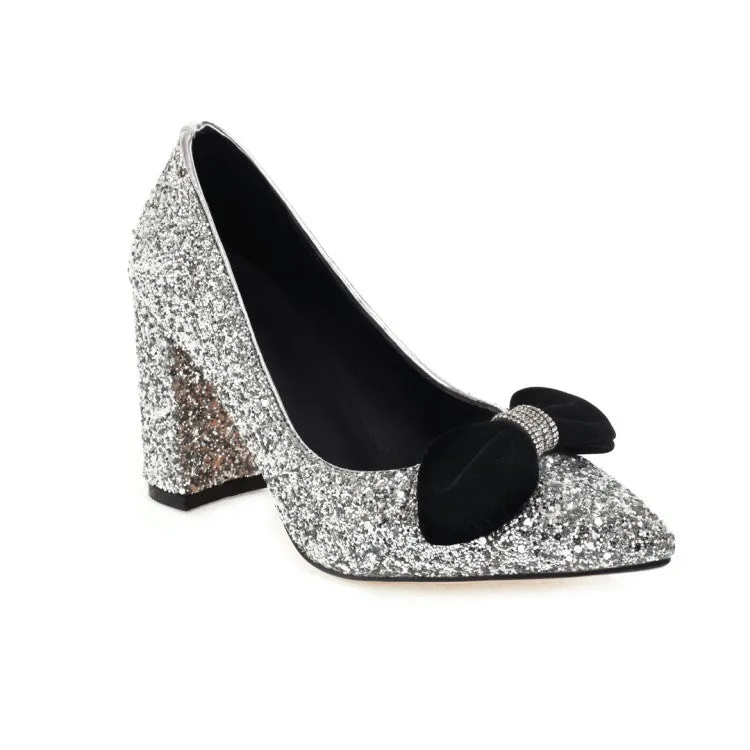 Women's Pumps Bling Bling Sequins Pointed Toe Butterfly Knot Chunky Heel Wedding Shoes