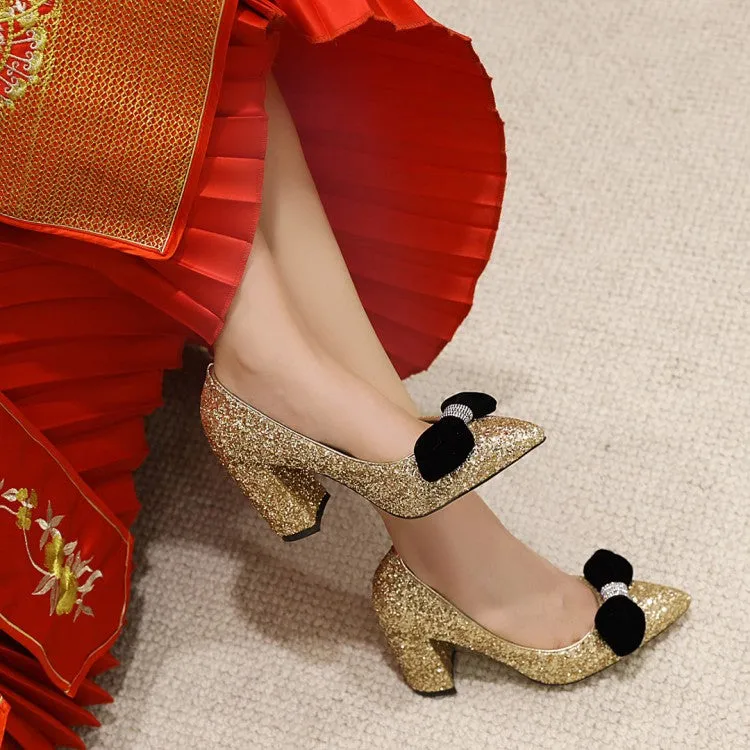 Women's Pumps Bling Bling Sequins Pointed Toe Butterfly Knot Chunky Heel Wedding Shoes